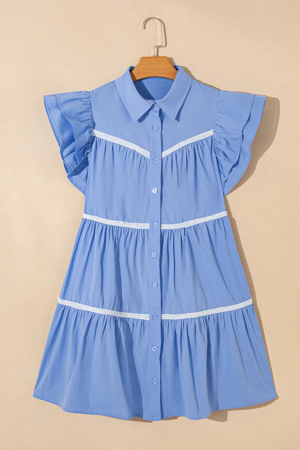 Button-Down Mini Dress with Ruffled Sleeves and Lace Trim