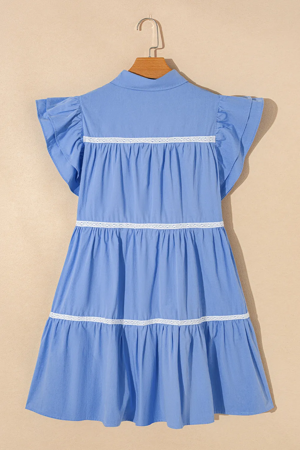 Button-Down Mini Dress with Ruffled Sleeves and Lace Trim