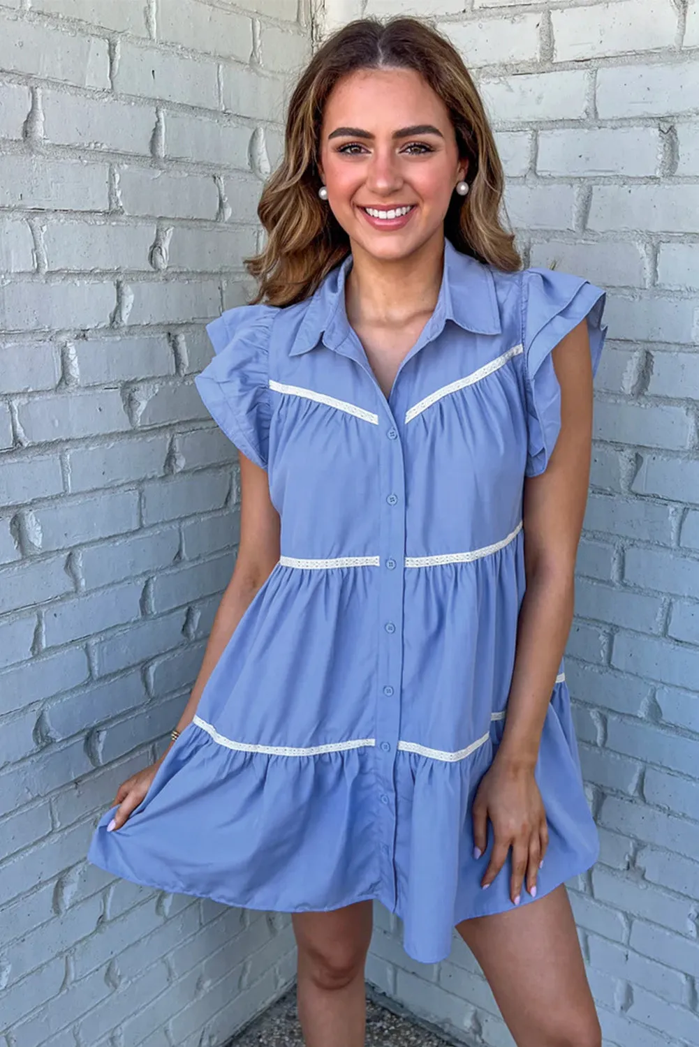 Button-Down Mini Dress with Ruffled Sleeves and Lace Trim