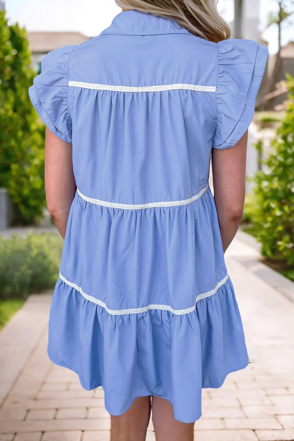 Button-Down Mini Dress with Ruffled Sleeves and Lace Trim