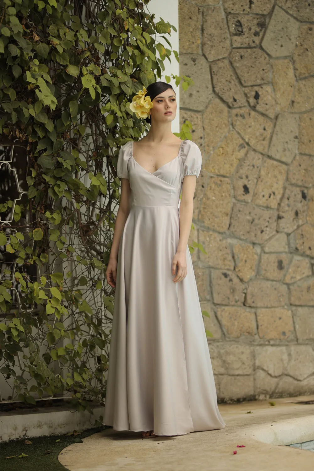 CASSANDRA Puff Sleeve Silk Maxi Dress with High Slit (Dove Grey Silk)