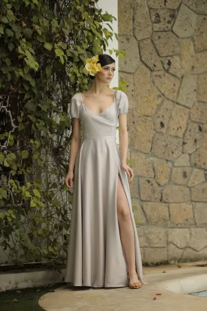CASSANDRA Puff Sleeve Silk Maxi Dress with High Slit (Dove Grey Silk)