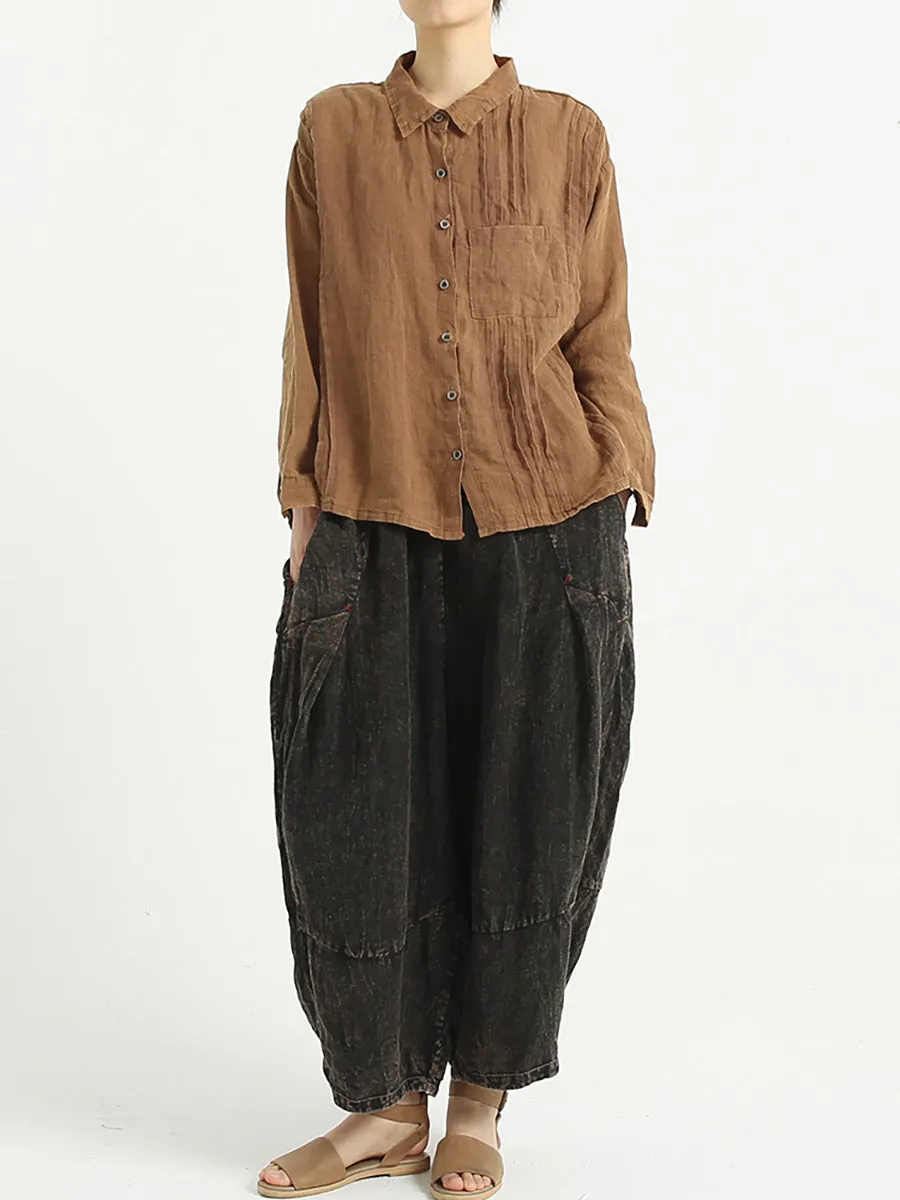 Casual Linen Loose Turndown Collar Women Shirt
