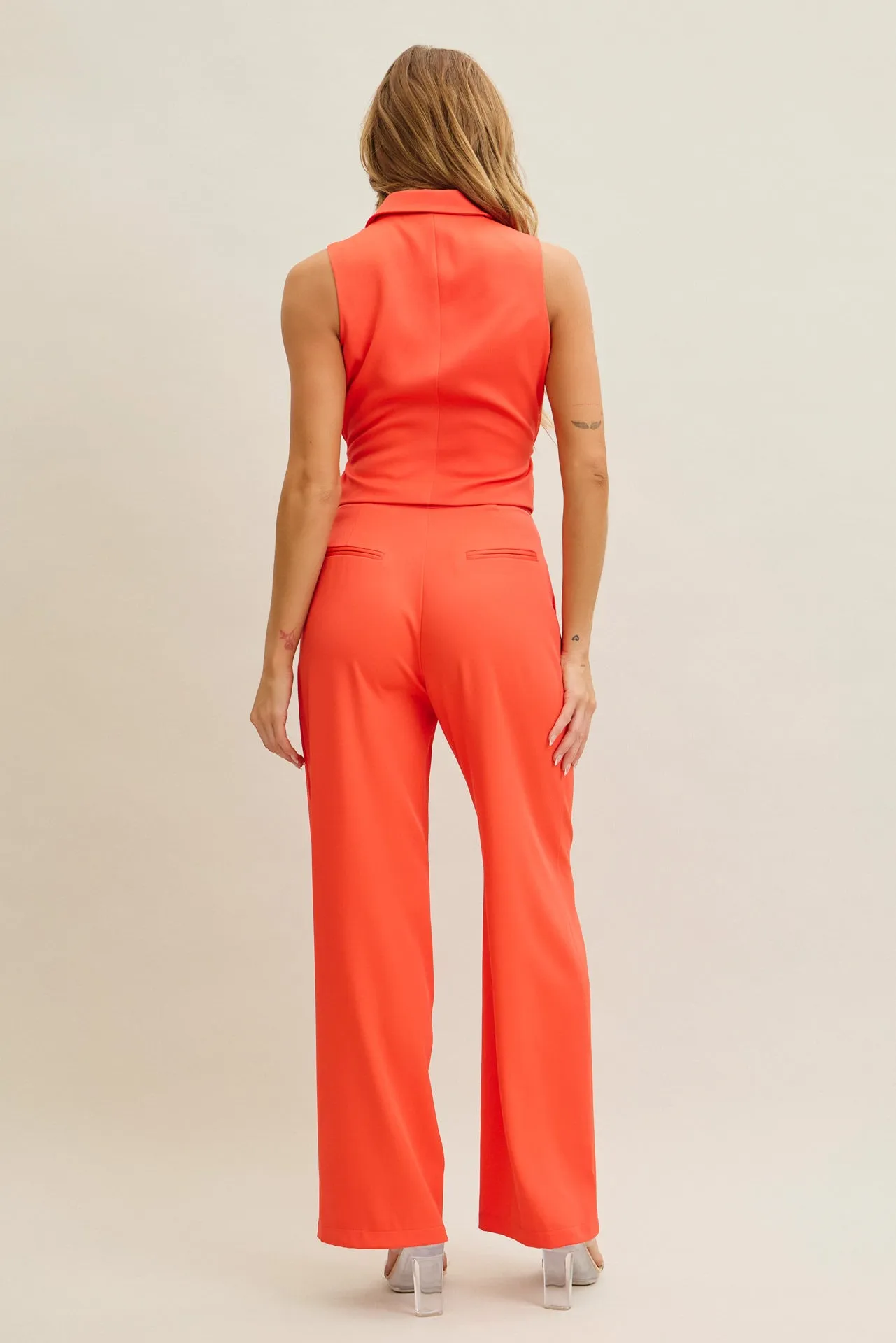 Chic Workwear Woven Crop Vest With Tie And Pants Set