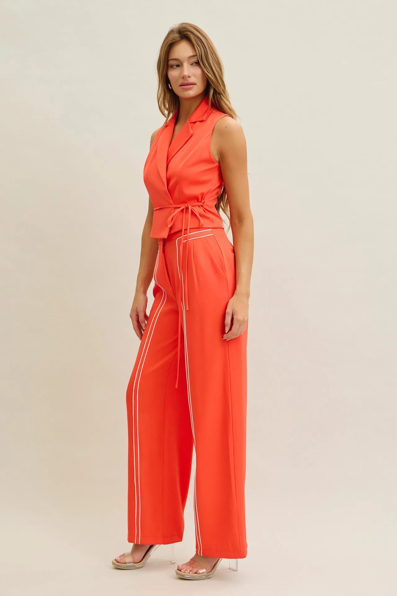 Chic Workwear Woven Crop Vest With Tie And Pants Set