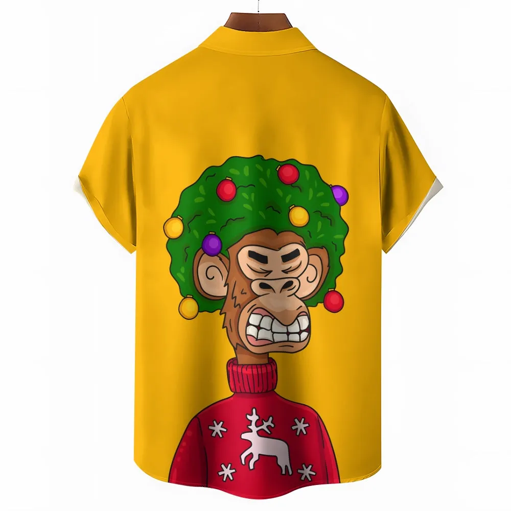 Christmas Monkey Print Chest Pocket Short Sleeve Shirt 2411006286
