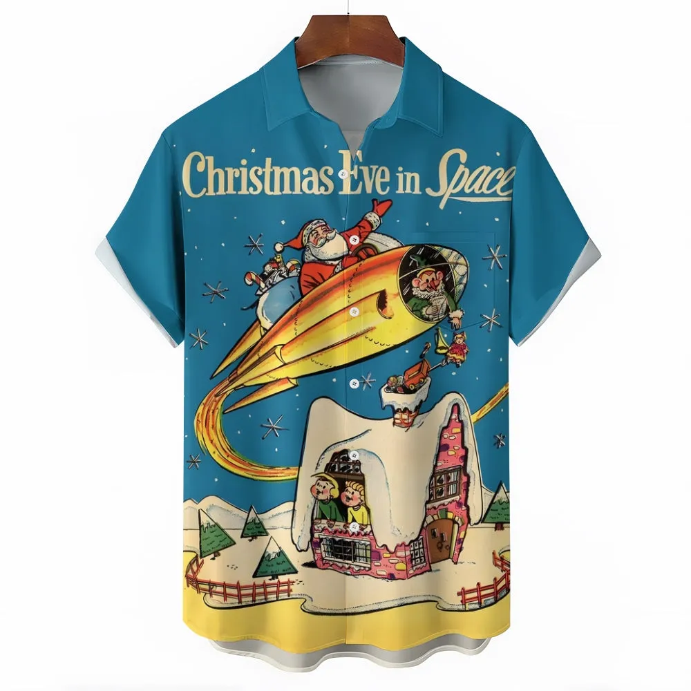 Christmas Santa Rocket Print Short Sleeve Shirt 2411005132