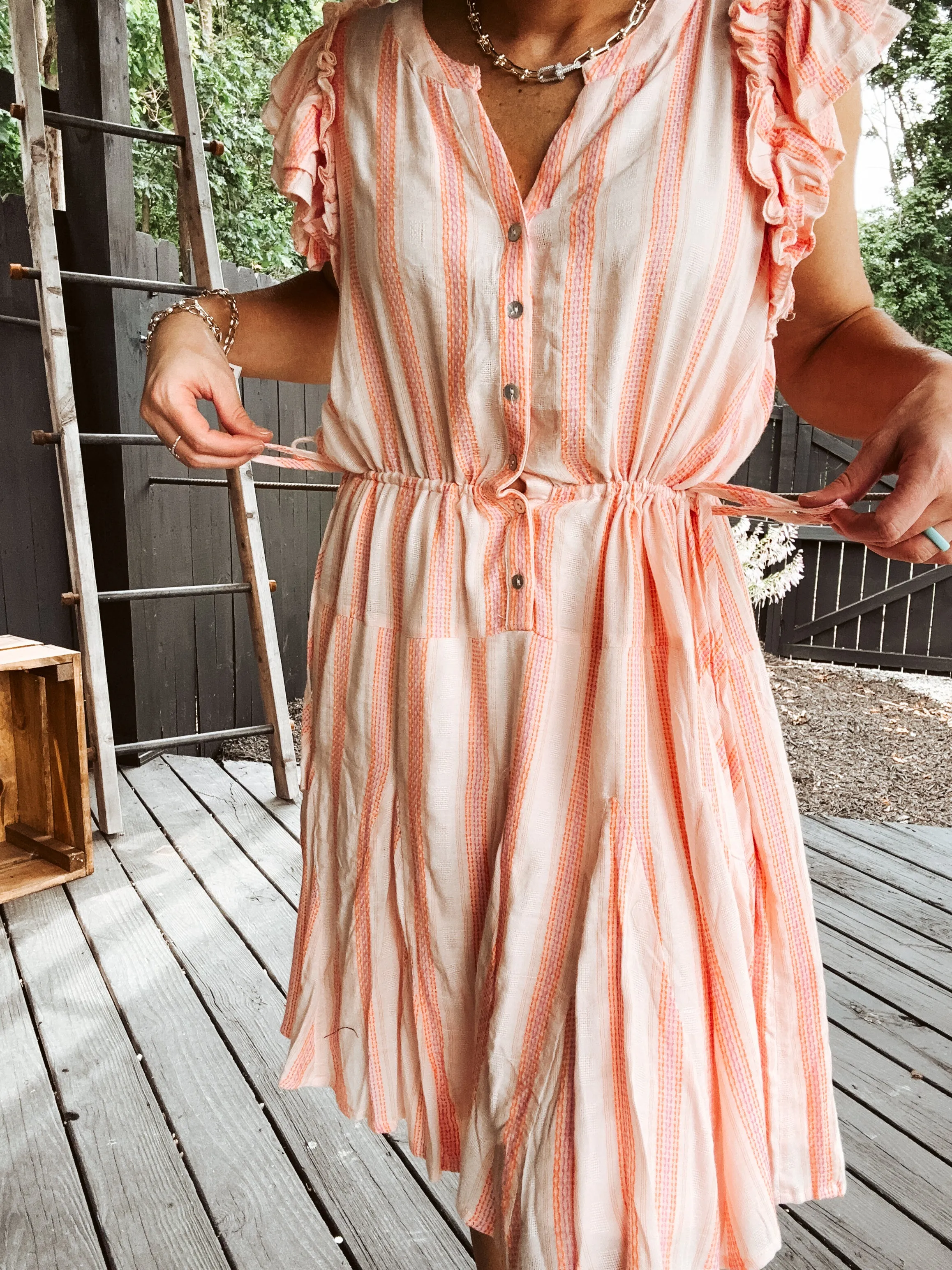 Coral Stripe Winged Sleeveless Cotton Dress
