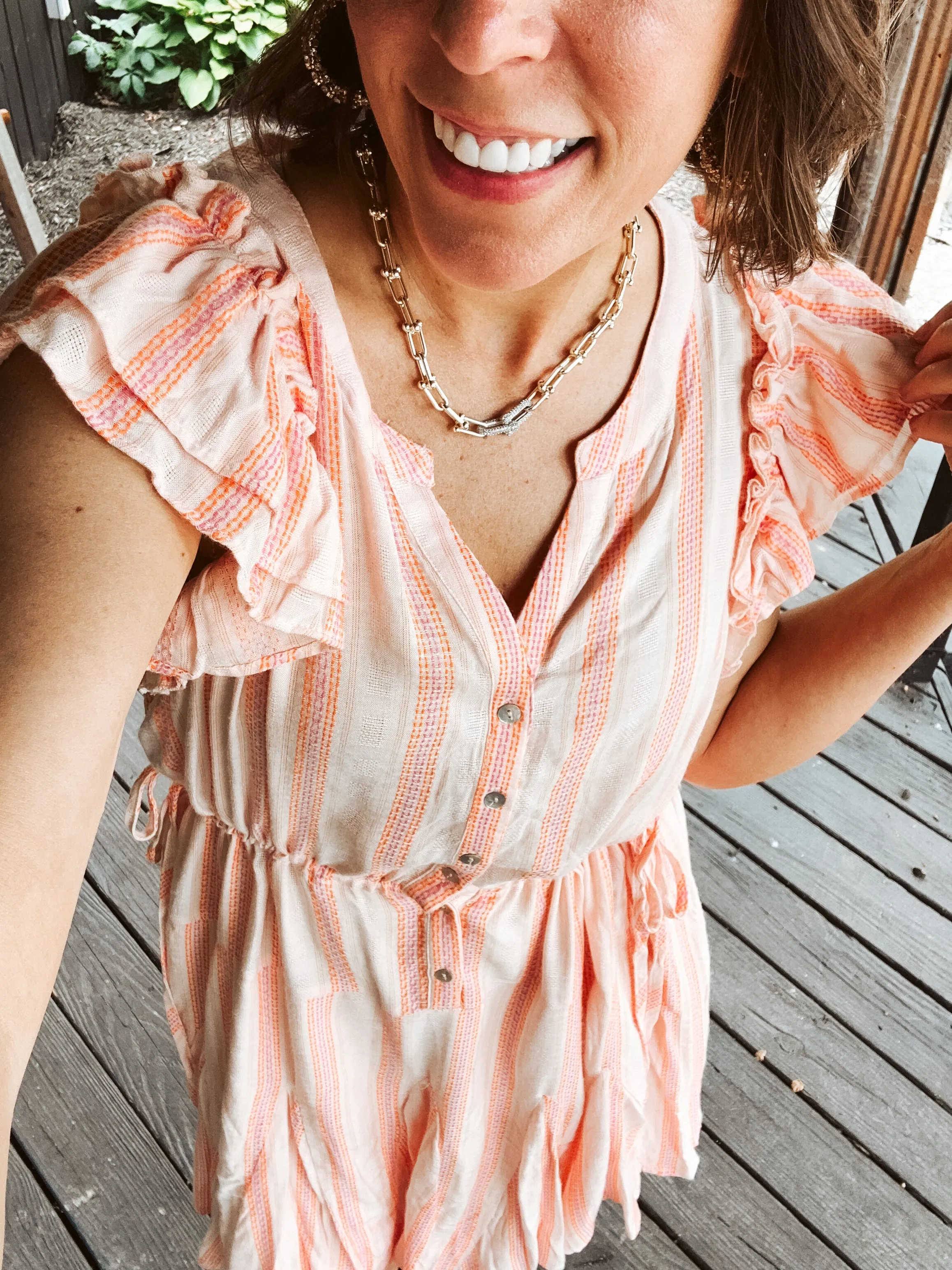 Coral Stripe Winged Sleeveless Cotton Dress