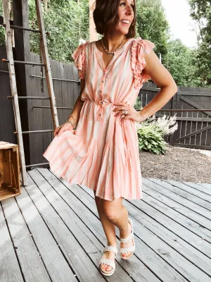 Coral Stripe Winged Sleeveless Cotton Dress