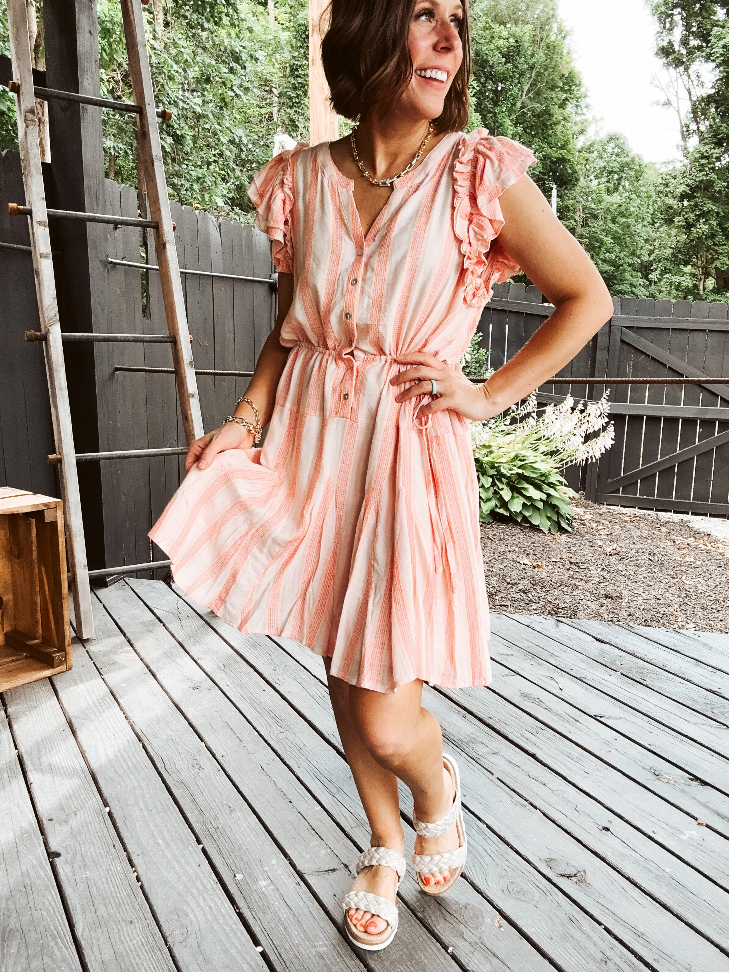 Coral Stripe Winged Sleeveless Cotton Dress