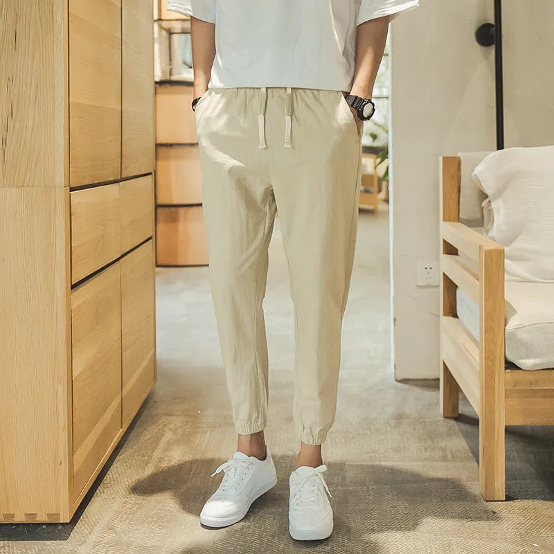 Cotton And Linen Casual College Student Cropped Pants Men Cotton And L