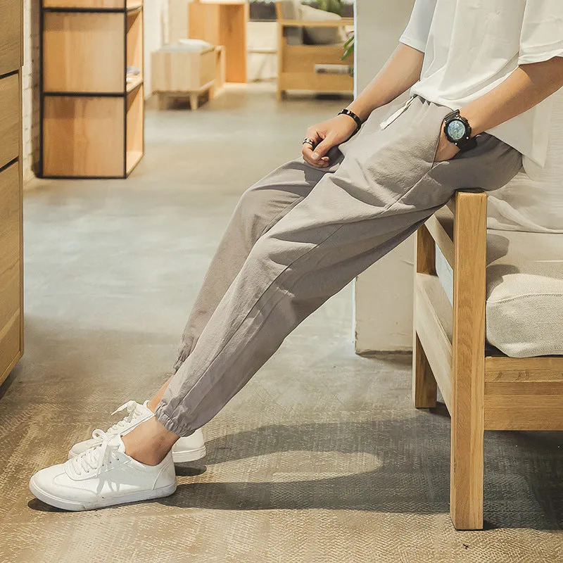 Cotton And Linen Casual College Student Cropped Pants Men Cotton And L