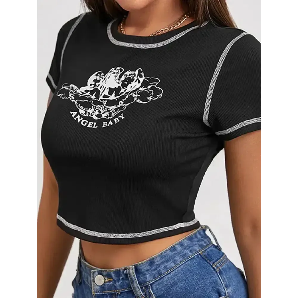 Cream Angel Graphic Crop Top for Cute Y2K Style