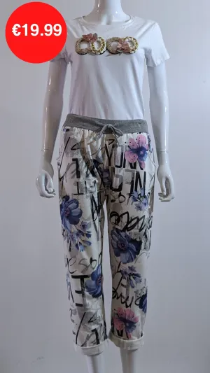 Cream Floral Print Pattern Magic Pants Joggers
