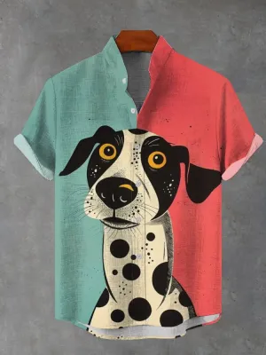 Cute Dalmatian Dog Printing Cotton Linen Short Sleeve Shirt