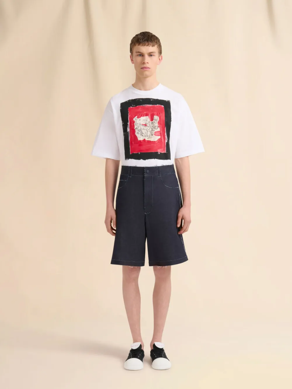 Deep Blue Stretch Denim Trompe L'Oeil Bermuda Shorts