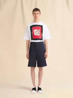 Deep Blue Stretch Denim Trompe L'Oeil Bermuda Shorts