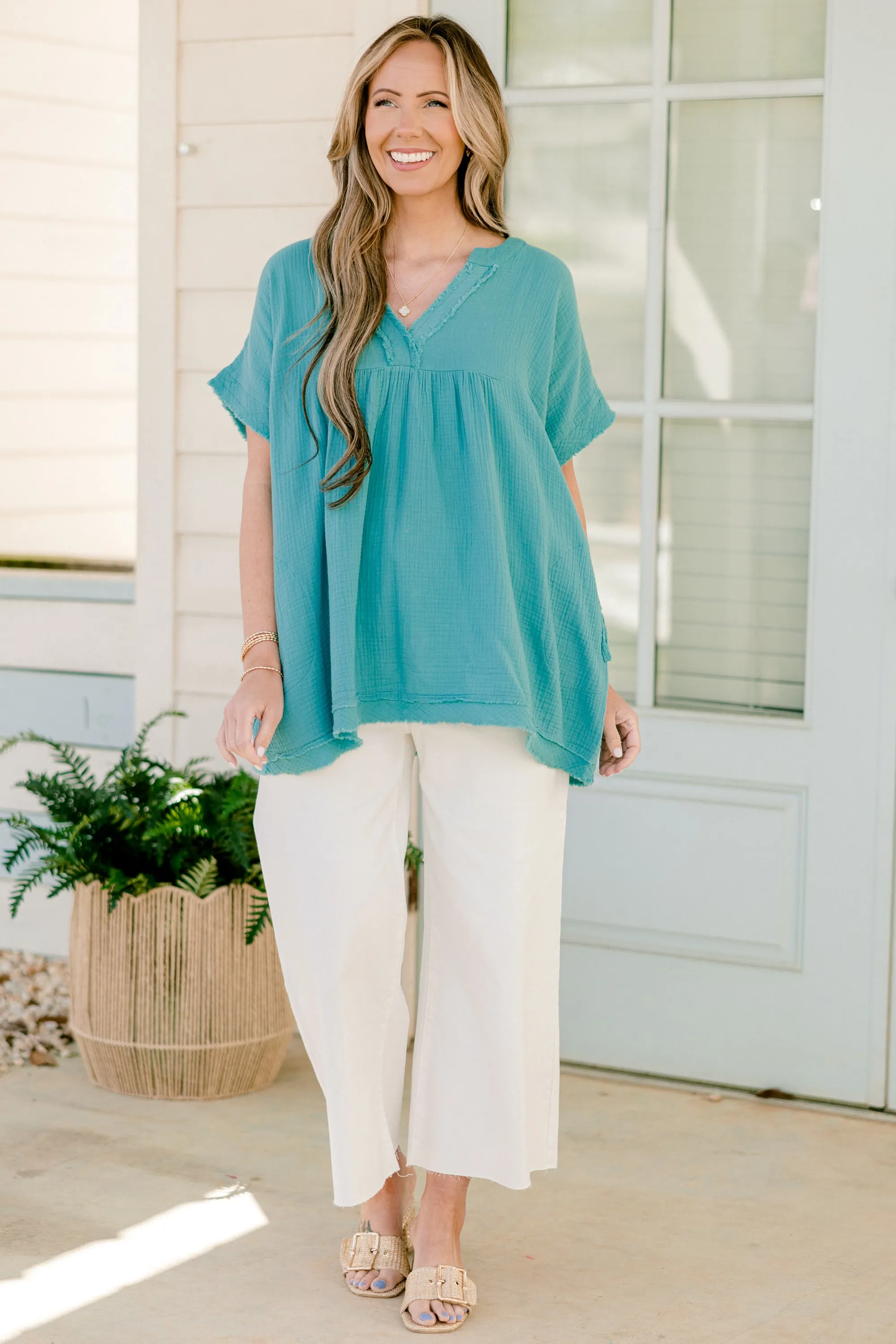 Don't Keep Me Away Top, Dusty Teal