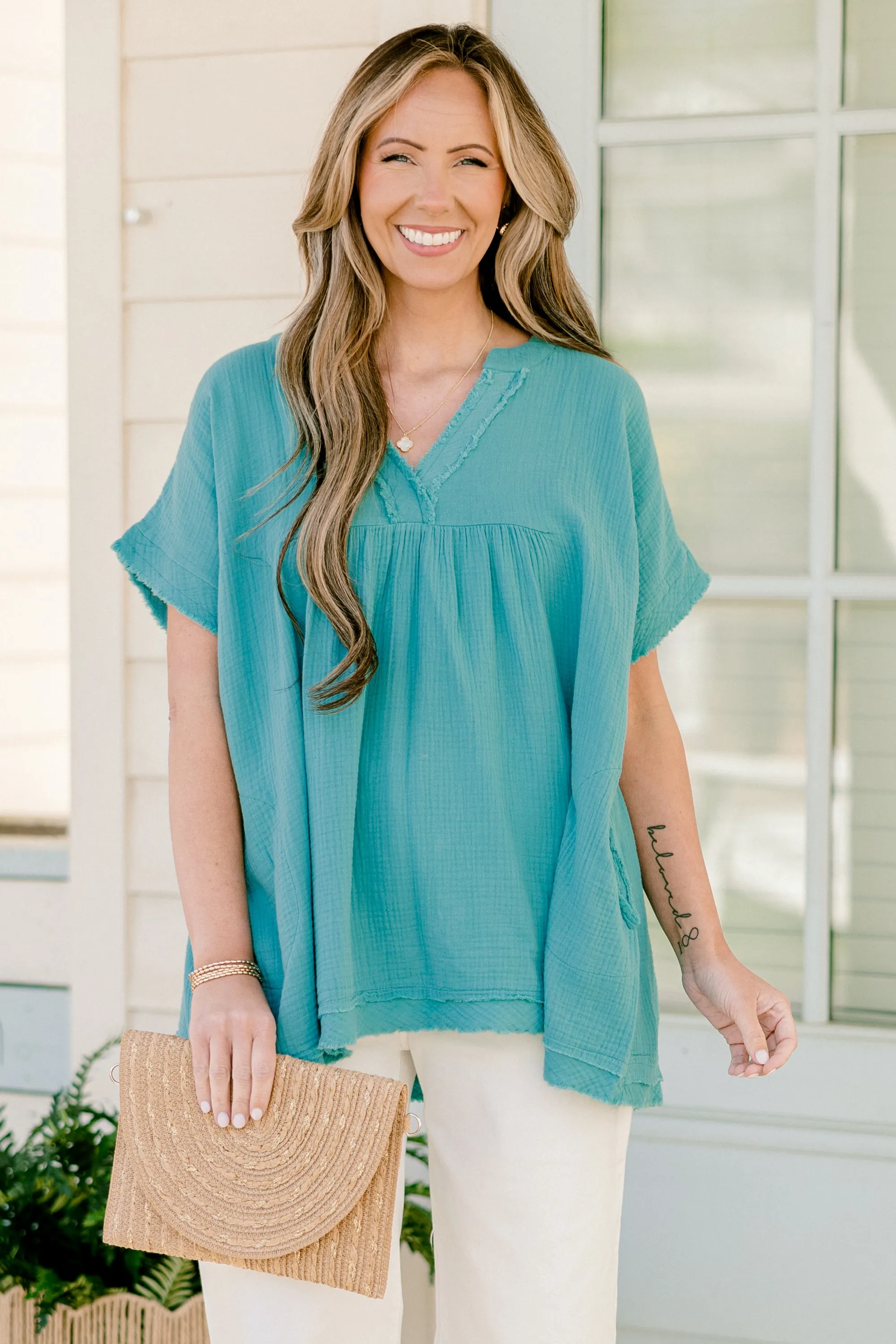 Don't Keep Me Away Top, Dusty Teal