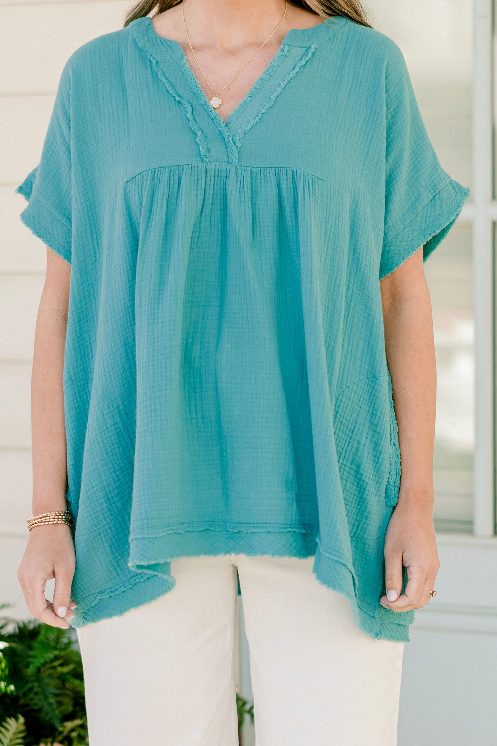 Don't Keep Me Away Top, Dusty Teal