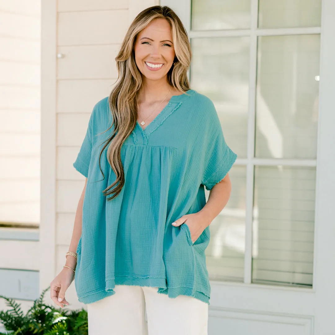 Don't Keep Me Away Top, Dusty Teal