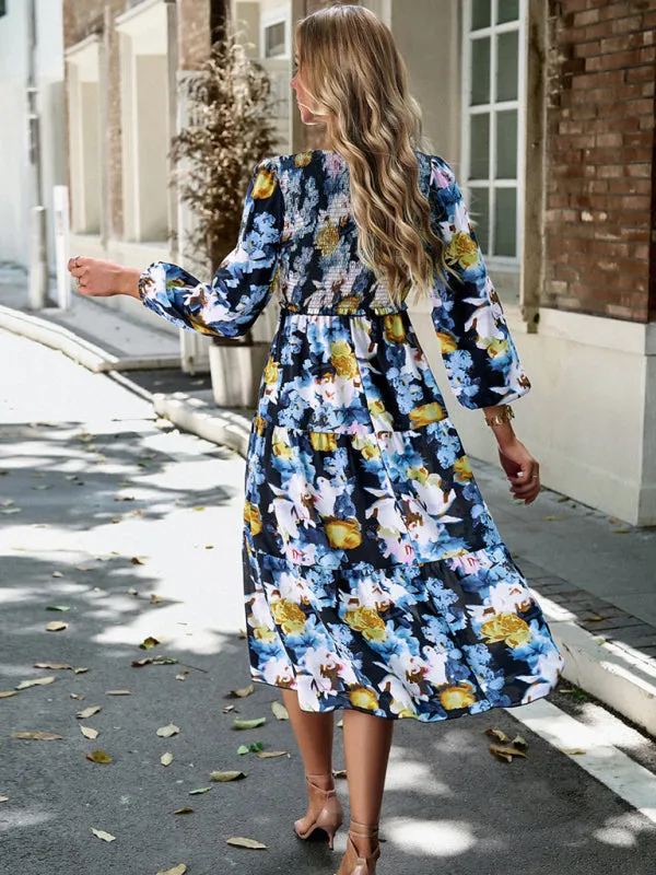 Floral Print Midi Dress with Smocked Bodice and Tiered Skirt