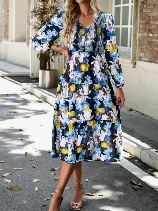 Floral Print Midi Dress with Smocked Bodice and Tiered Skirt