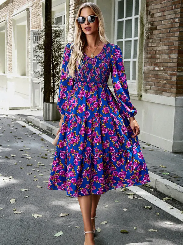 Floral Print Midi Dress with Smocked Bodice and Tiered Skirt