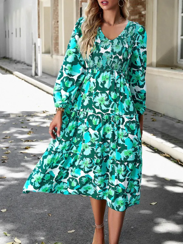Floral Print Midi Dress with Smocked Bodice and Tiered Skirt