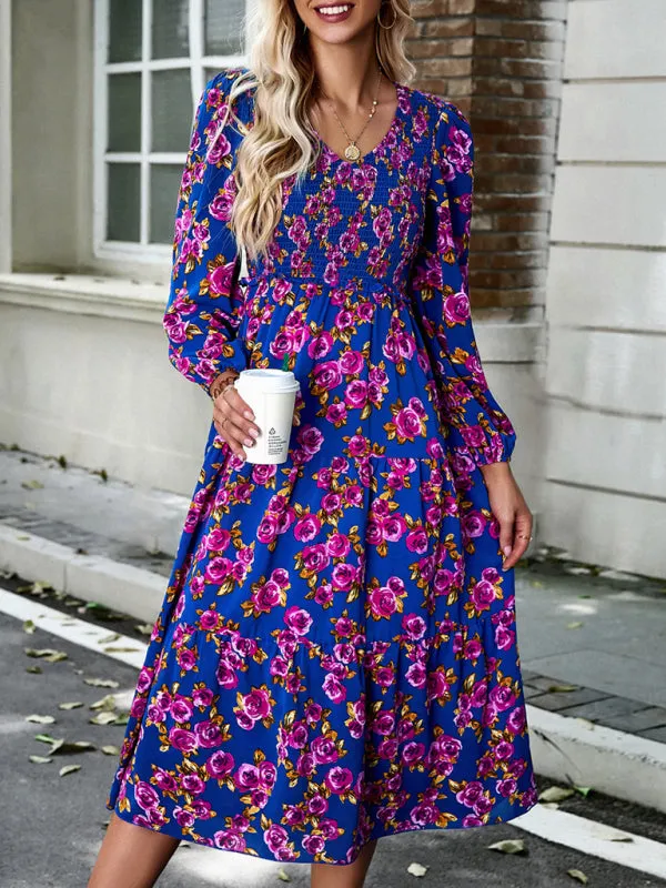 Floral Print Midi Dress with Smocked Bodice and Tiered Skirt