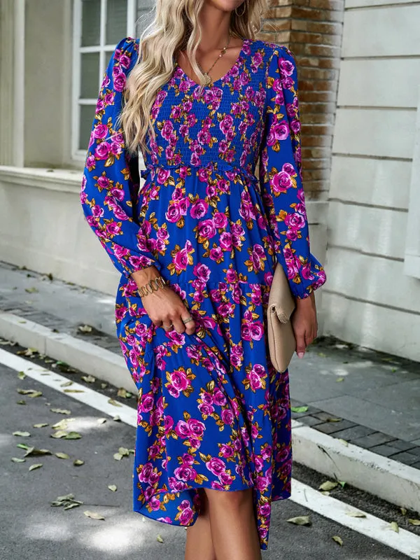 Floral Print Midi Dress with Smocked Bodice and Tiered Skirt
