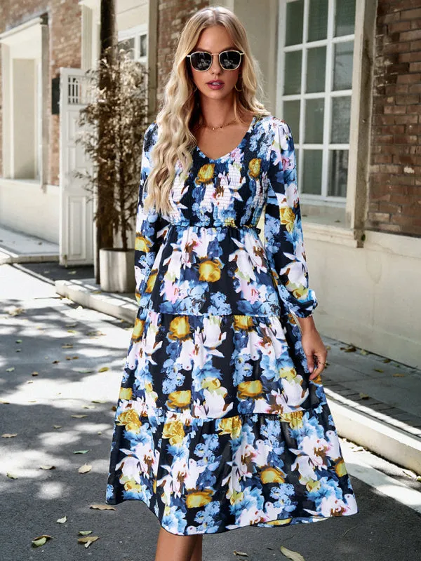 Floral Print Midi Dress with Smocked Bodice and Tiered Skirt