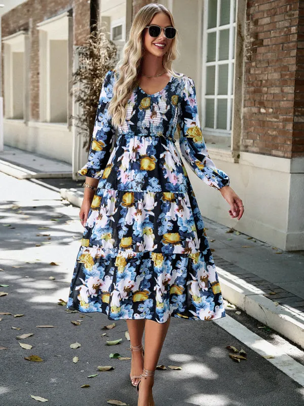 Floral Print Midi Dress with Smocked Bodice and Tiered Skirt