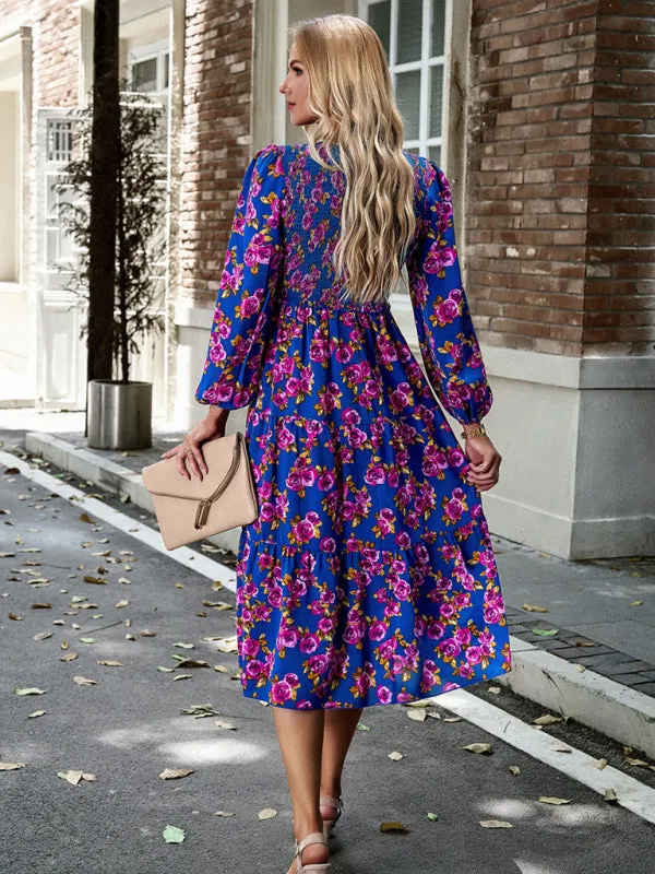 Floral Print Midi Dress with Smocked Bodice and Tiered Skirt