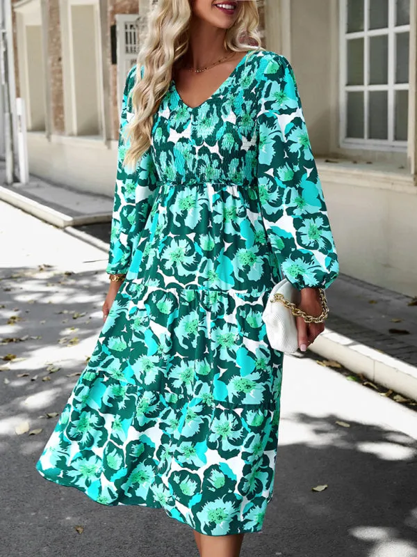 Floral Print Midi Dress with Smocked Bodice and Tiered Skirt