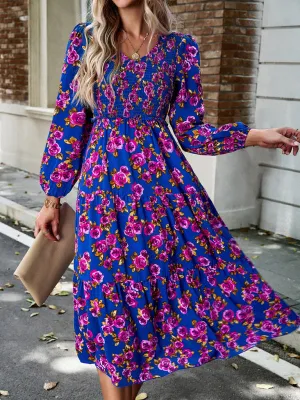 Floral Print Midi Dress with Smocked Bodice and Tiered Skirt