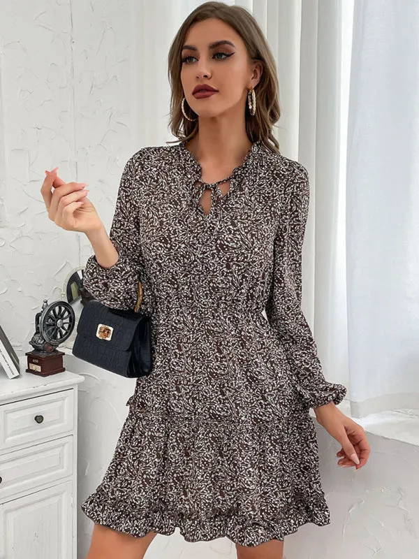 Floral Print Mini Dress with Ruffle Hem and Keyhole Neckline