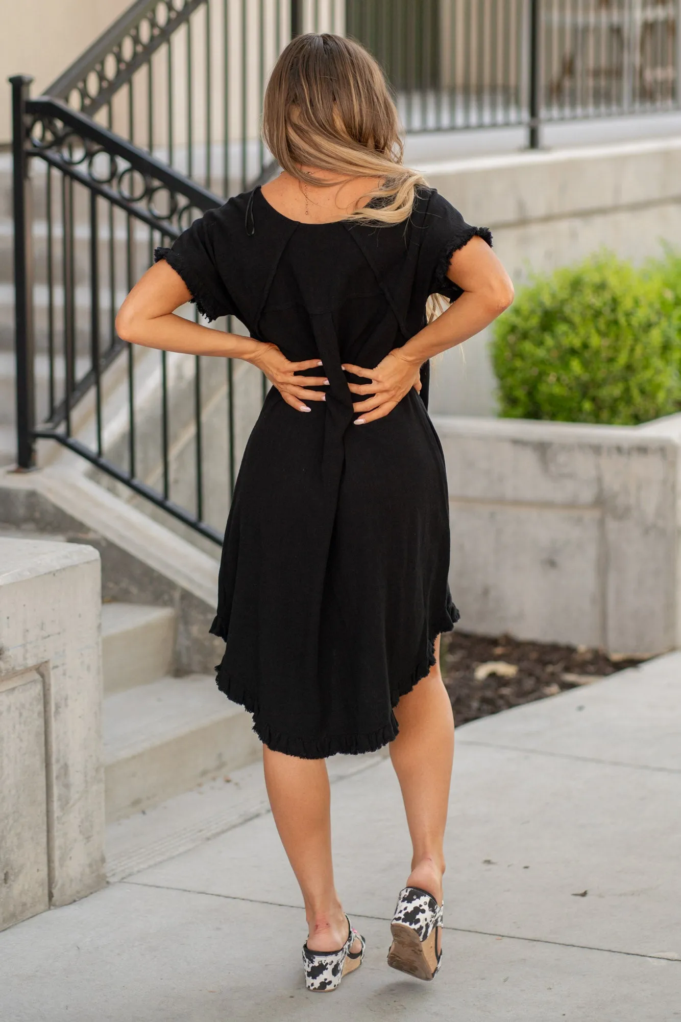 Fringe Edge High Low Flowy Dress with Pockets