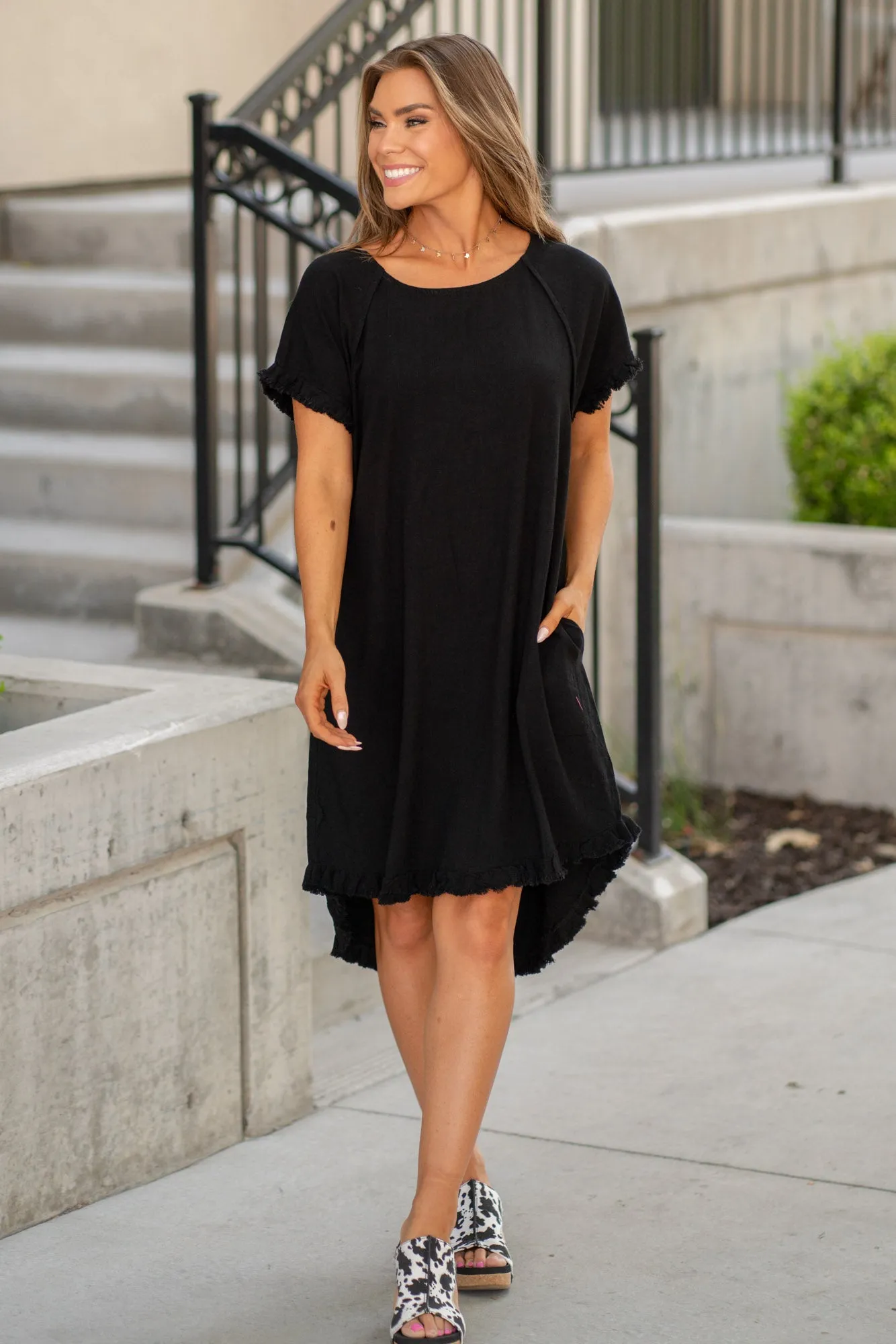 Fringe Edge High Low Flowy Dress with Pockets