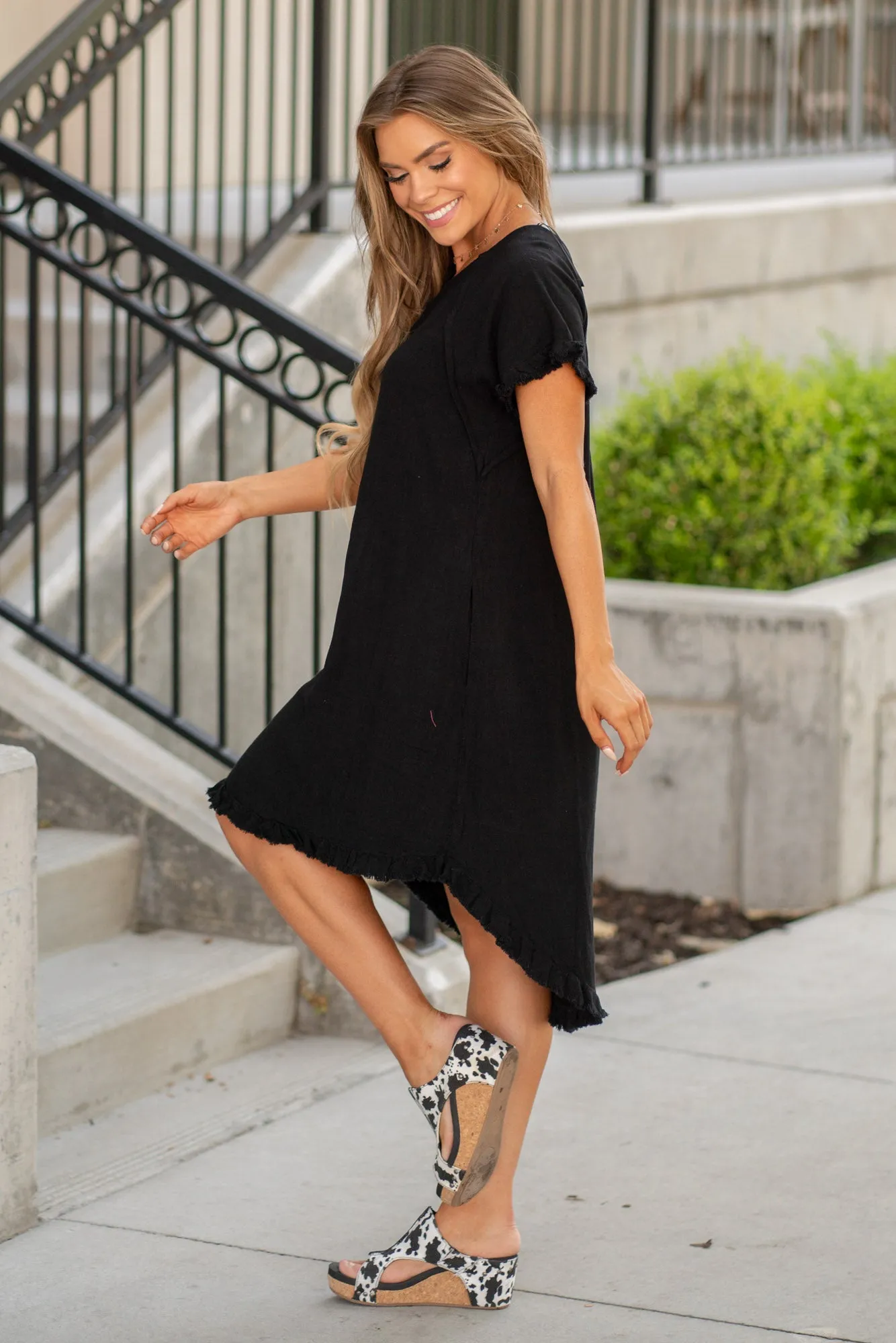 Fringe Edge High Low Flowy Dress with Pockets