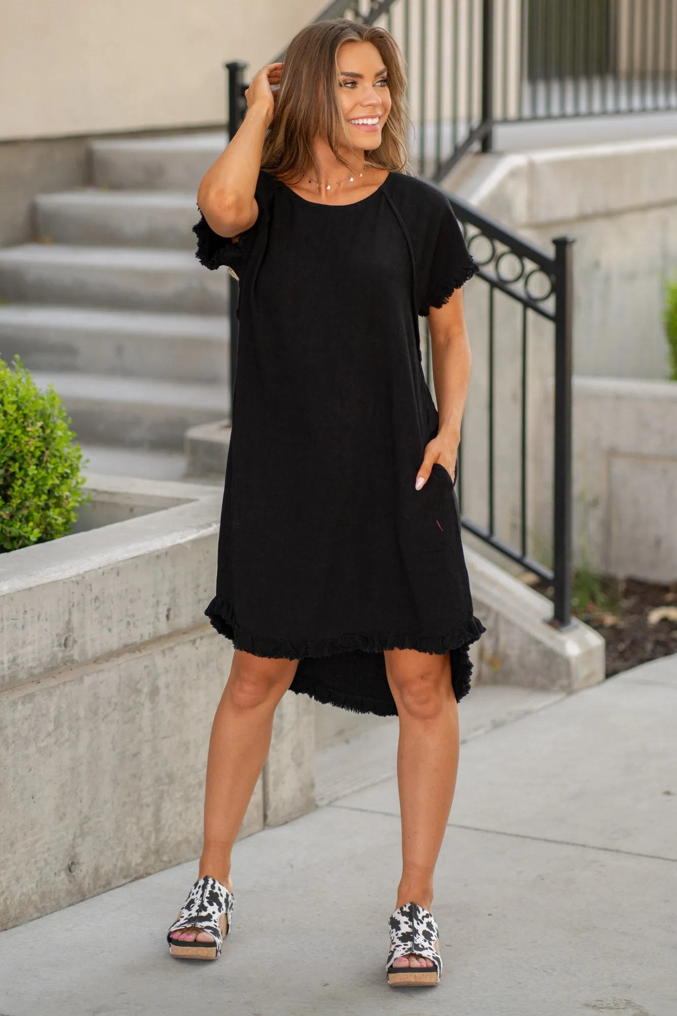 Fringe Edge High Low Flowy Dress with Pockets