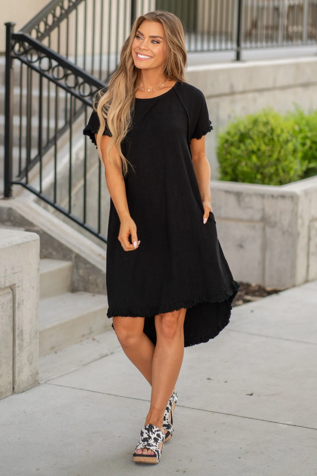 Fringe Edge High Low Flowy Dress with Pockets