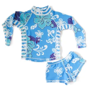 Girls Long Sleeve Rashguard and Shorts - Salt Water Blue