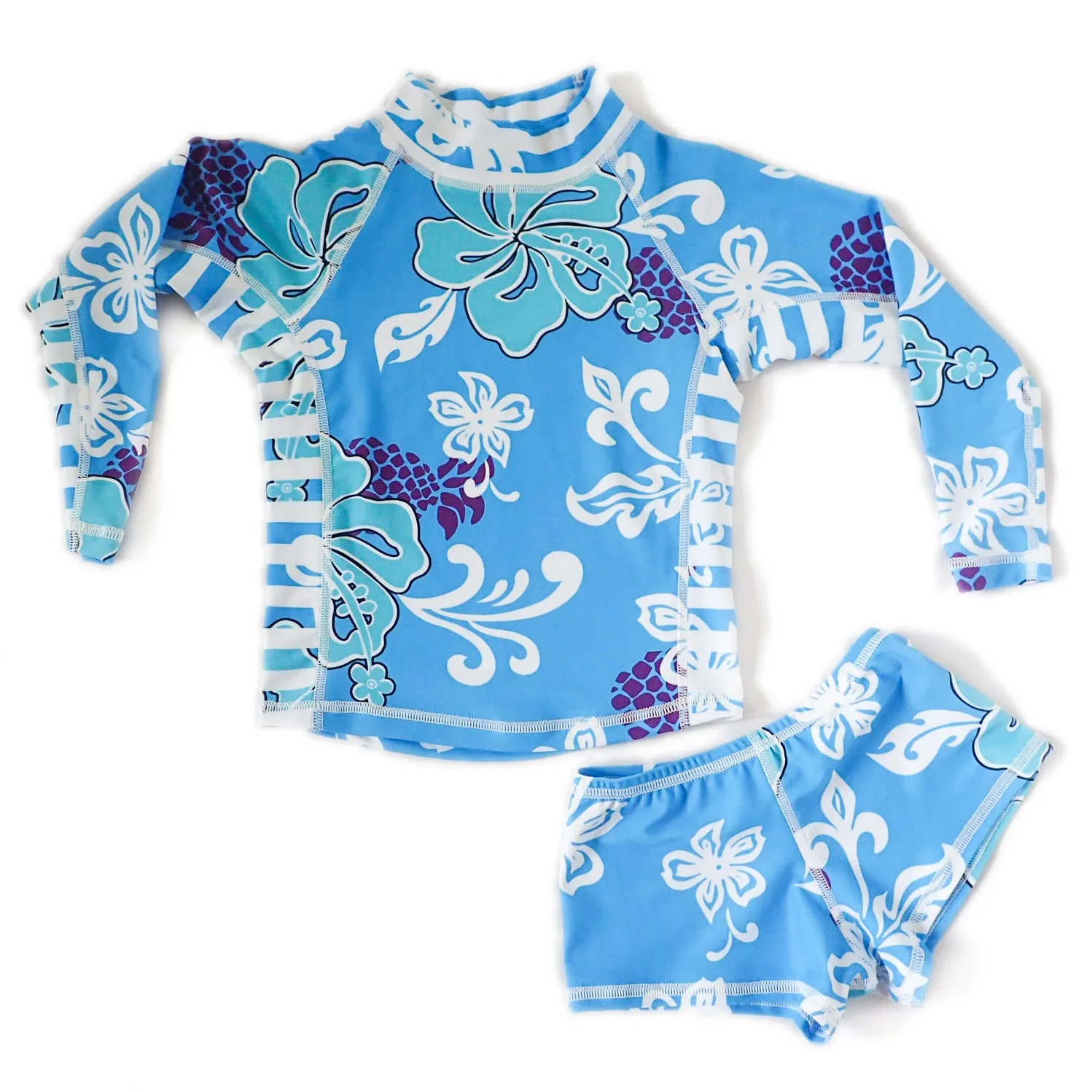 Girls Long Sleeve Rashguard and Shorts - Salt Water Blue