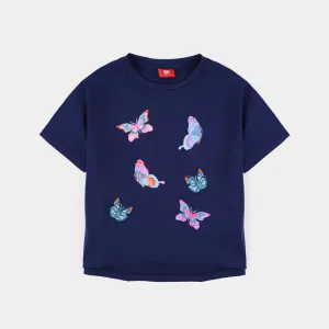 Girls Lycra Jersey T-Shirt Butterflies-NAVY