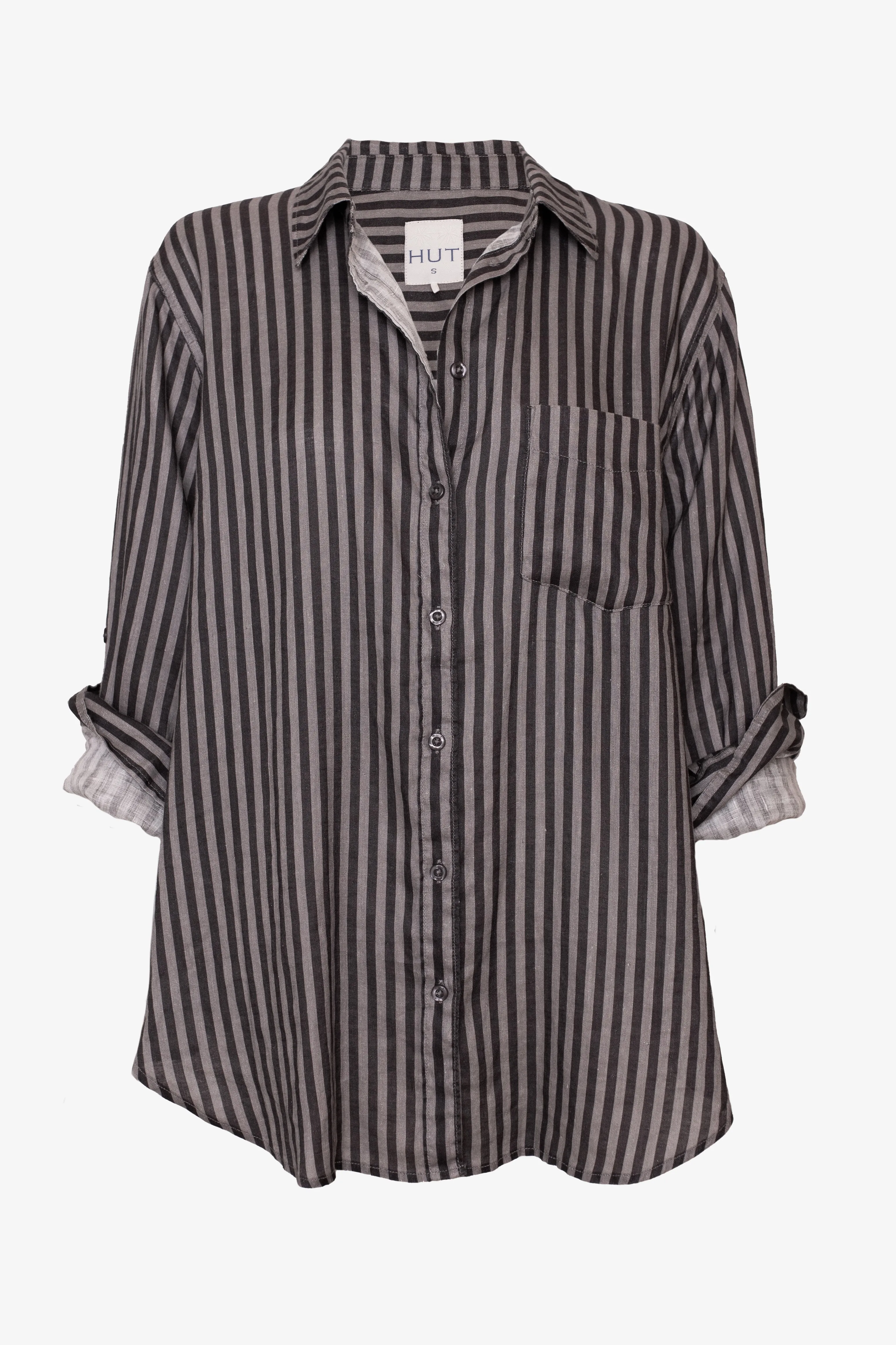 Grey and Grey Stripe Boyfriend Linen Shirt