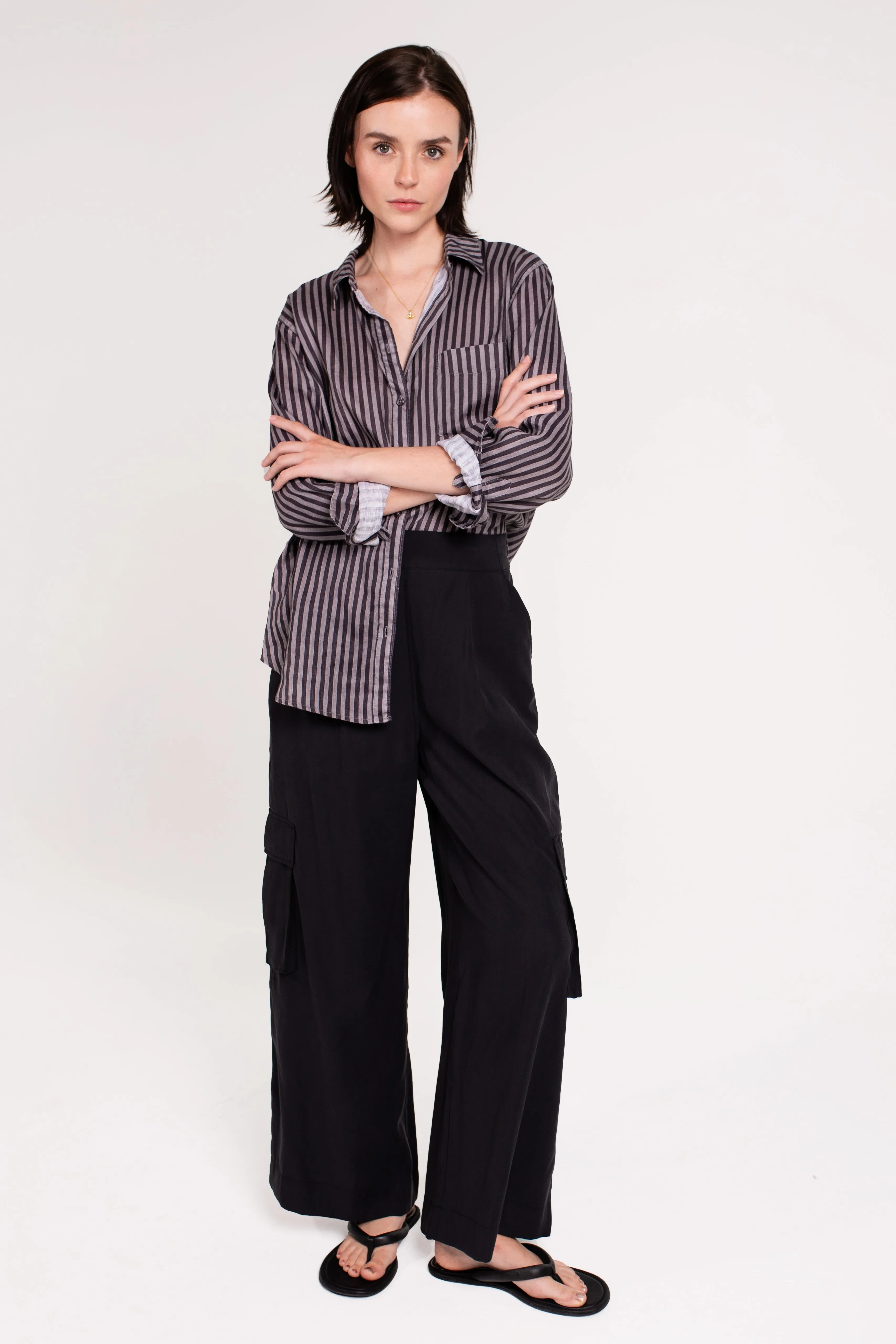 Grey and Grey Stripe Boyfriend Linen Shirt