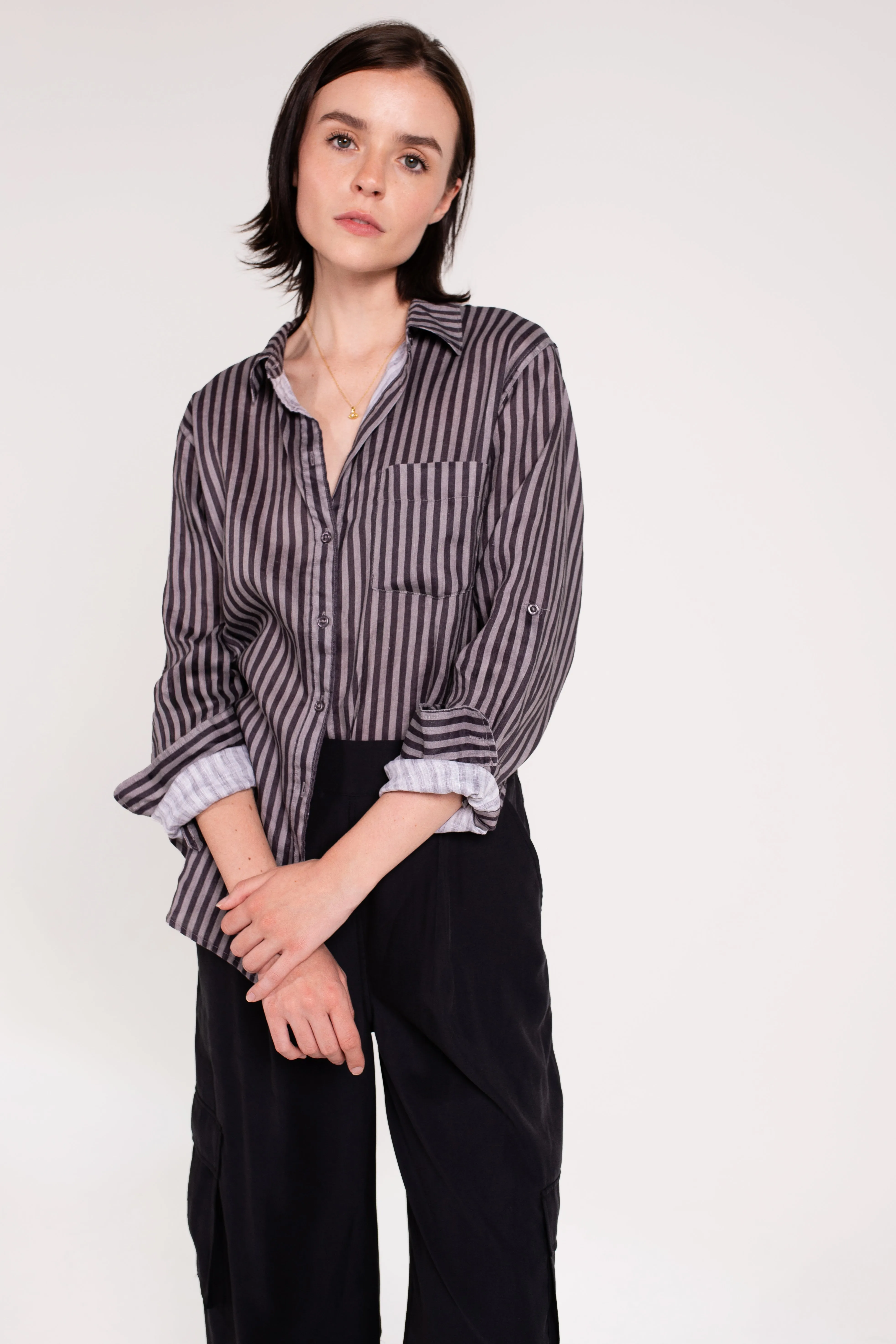 Grey and Grey Stripe Boyfriend Linen Shirt