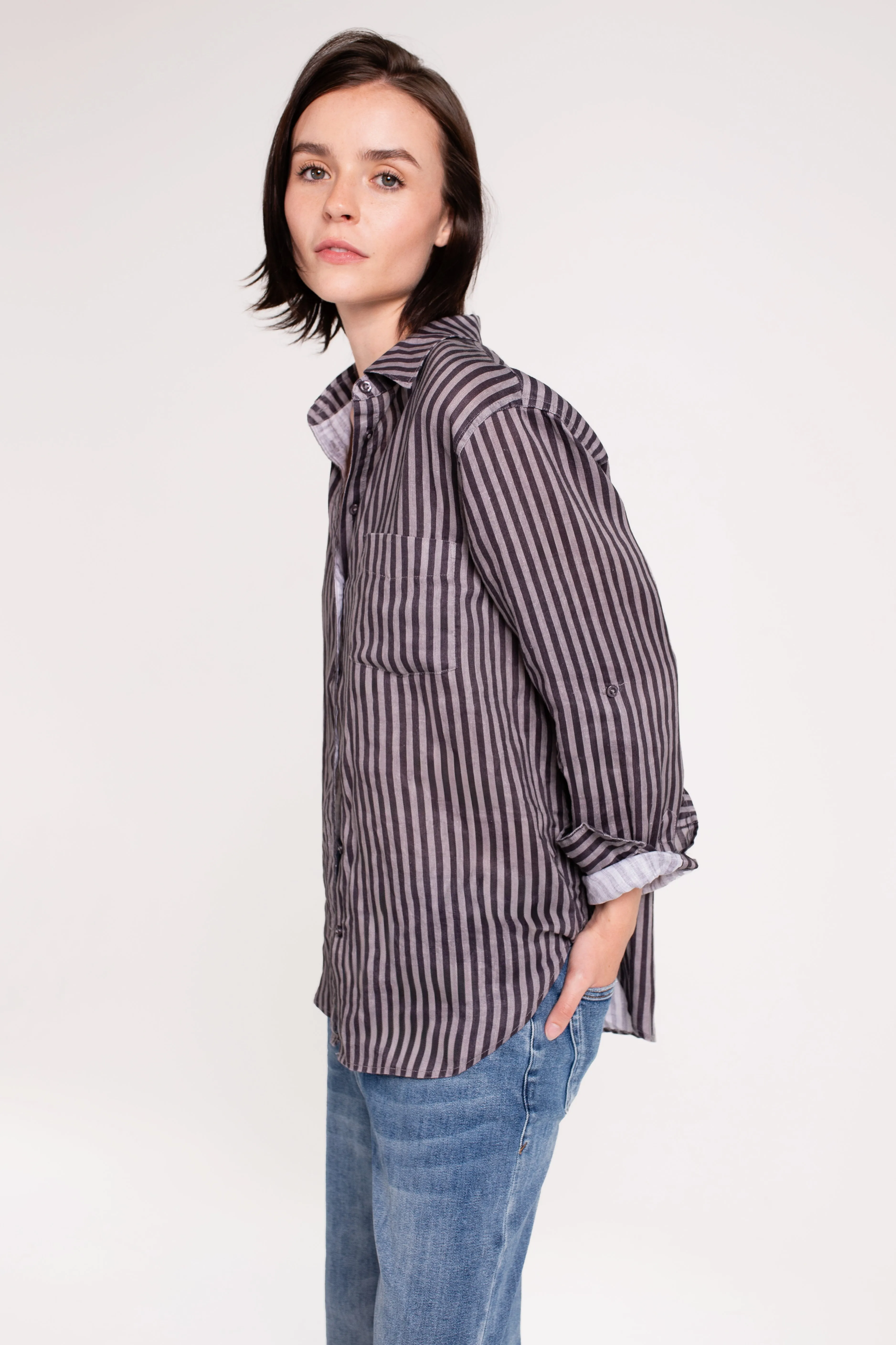 Grey and Grey Stripe Boyfriend Linen Shirt